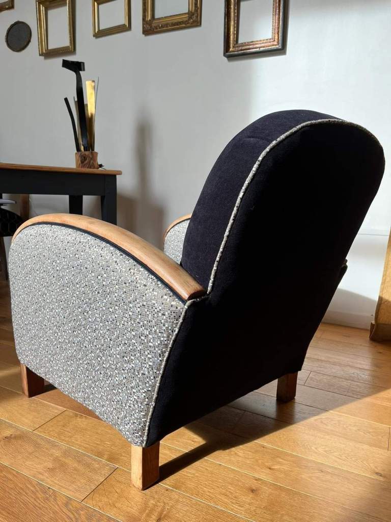 Fauteuil année 30, réfection de fauteuil, cours de réfection de fauteuil, cours de tapisserie d'ameublement,  atelier réfection de fauteuil, rénovation siège, rénovation fauteuil, DIY